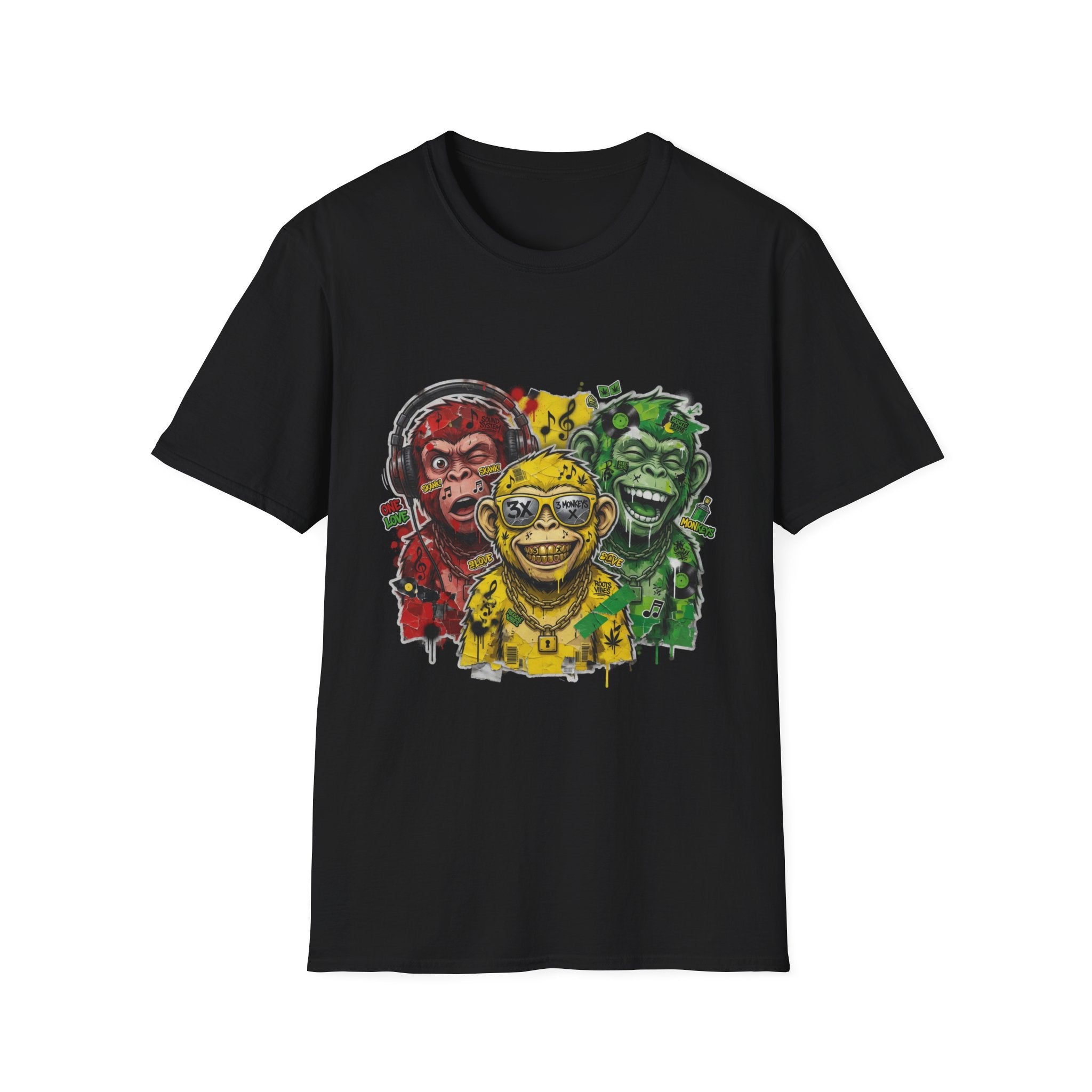 Three Grinning Monkeys Graphic T-Shirt — Colorful Rasta Vibe Tee