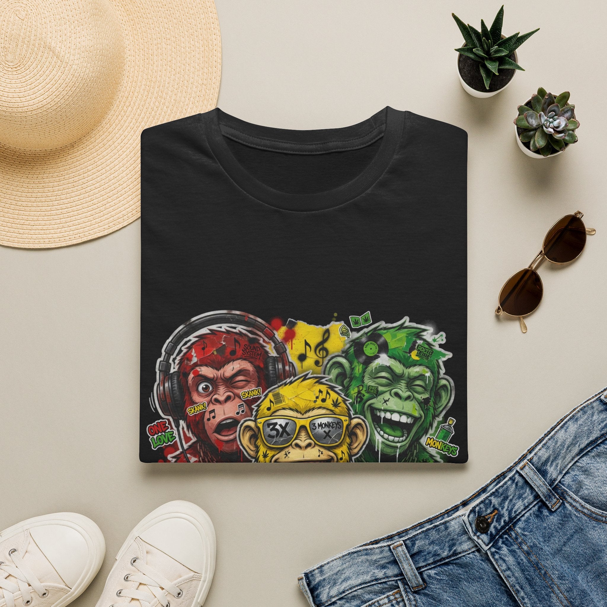 Three Grinning Monkeys Graphic T-Shirt — Colorful Rasta Vibe Tee