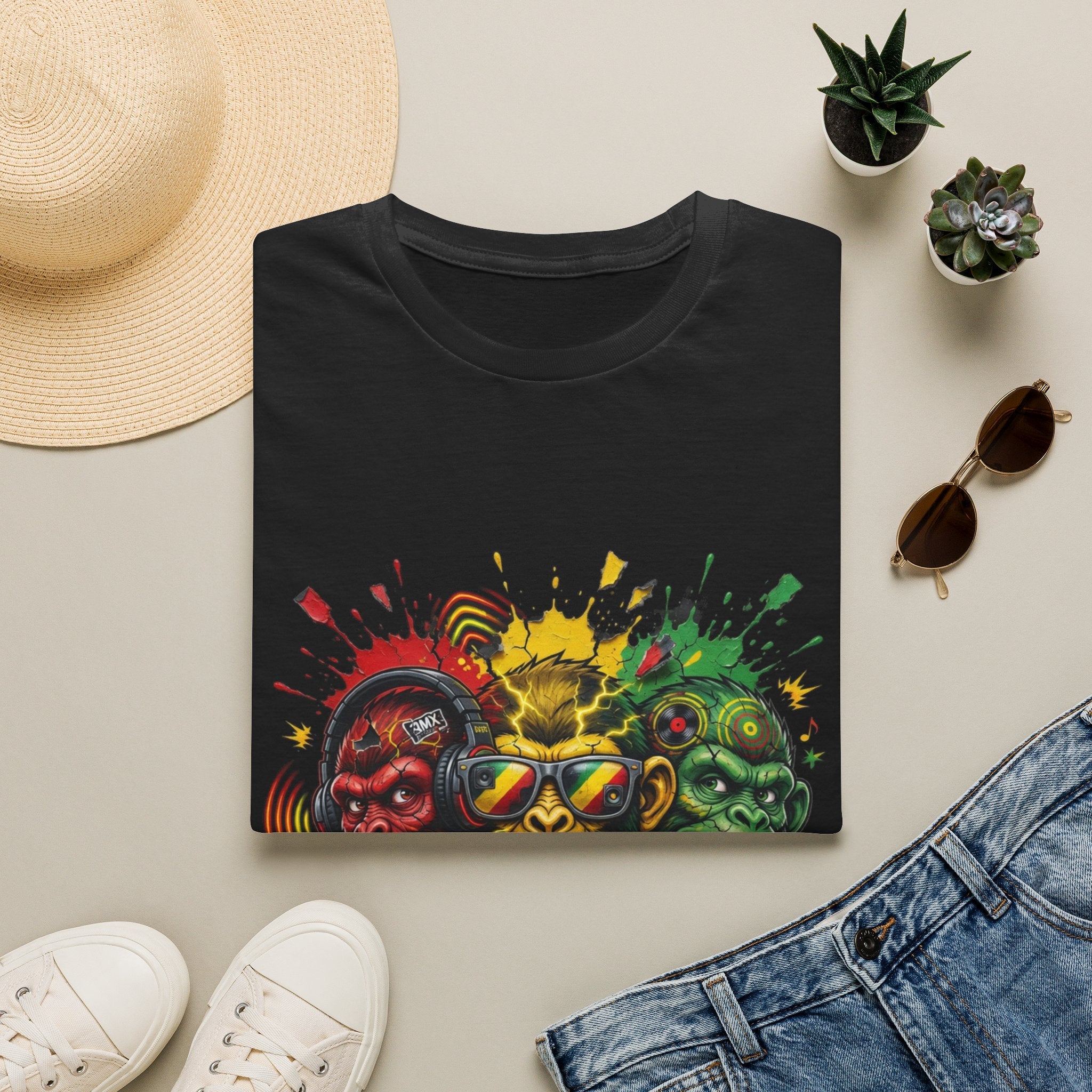 Rasta Three Monkeys Graphic T-Shirt – Colorful Reggae Ape Design