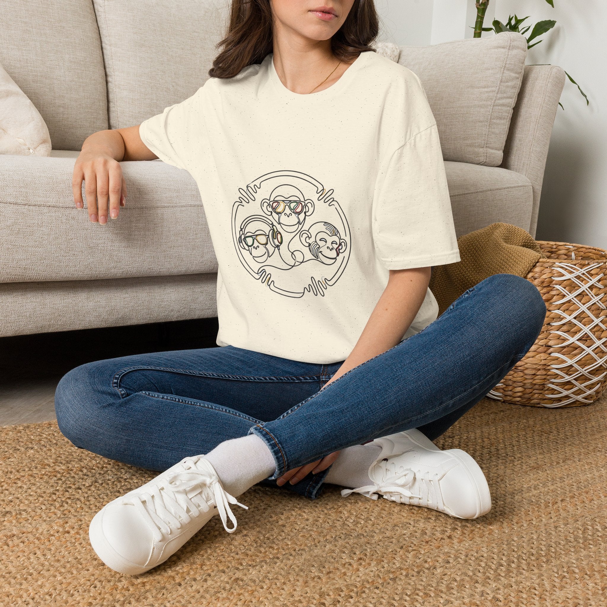 Monkey Trio Graphic Tee — Cool Sunglasses Line Art T-Shirt