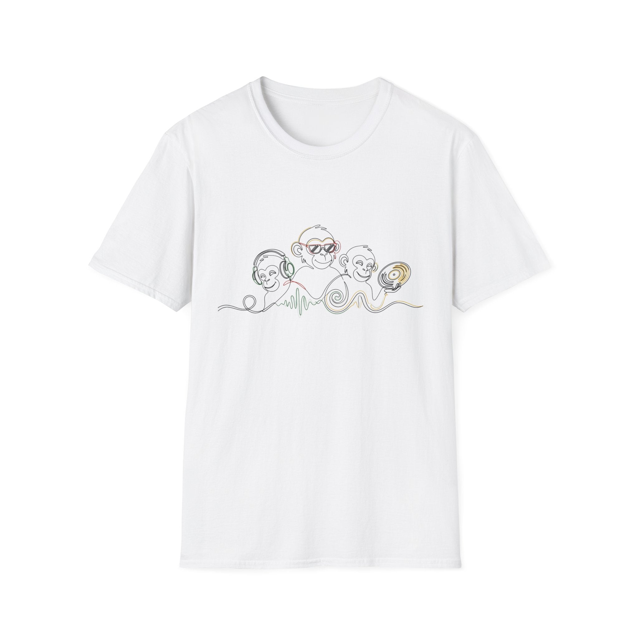 Monkey DJ Crew T‑Shirt — Cute Line Art Monkeys with Headphones & Vinyl