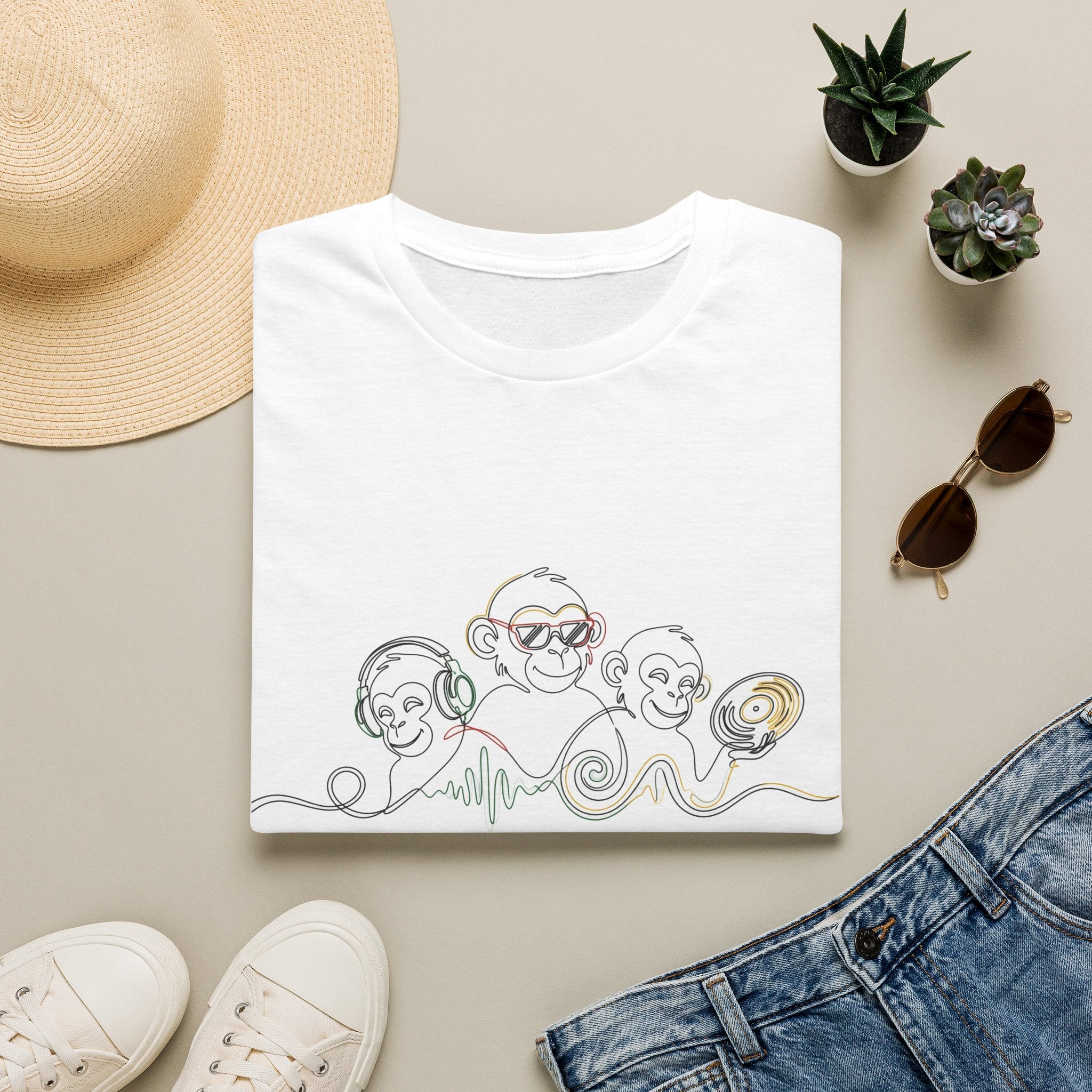 Monkey DJ Crew T‑Shirt — Cute Line Art Monkeys with Headphones & Vinyl