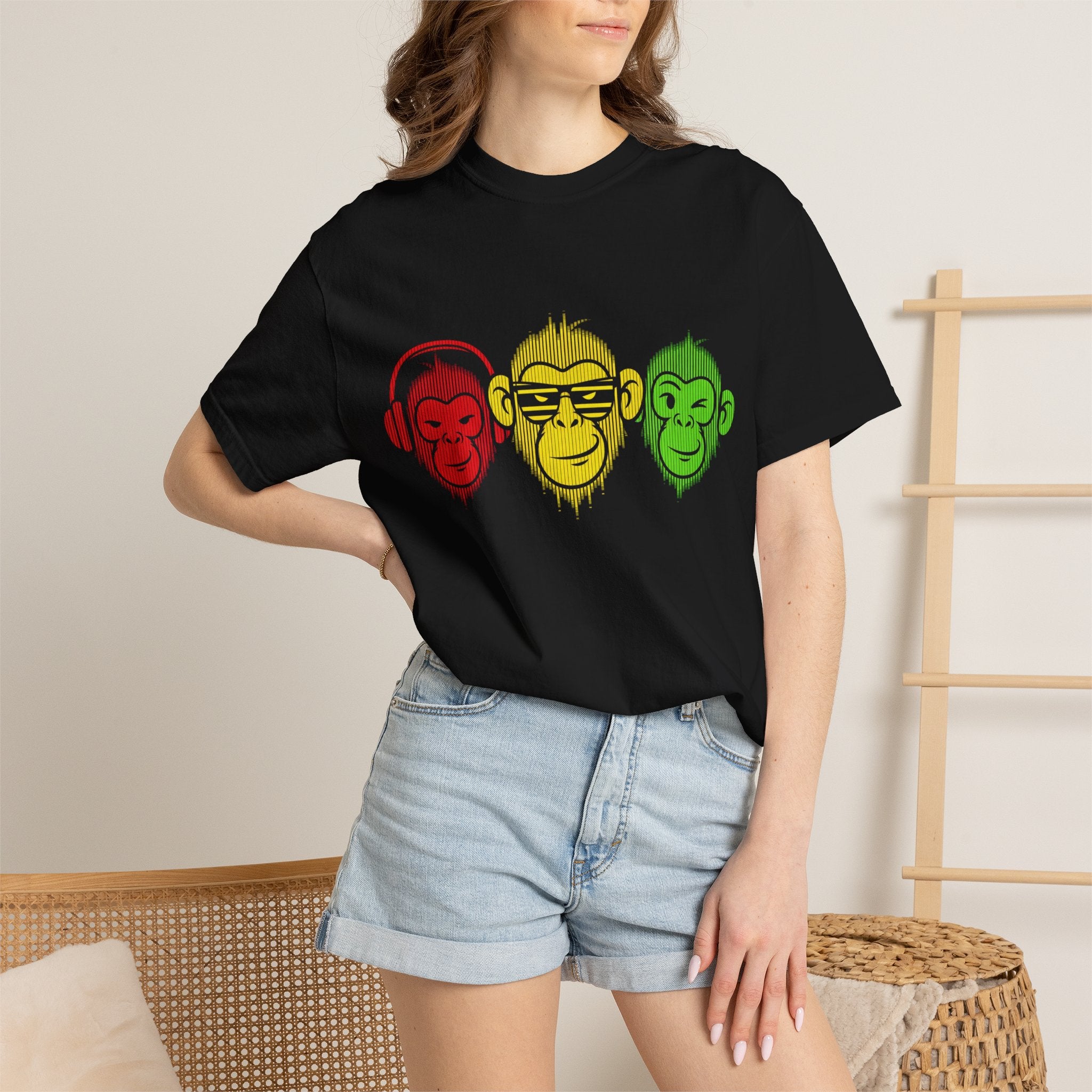 Reggae Three Monkeys T-Shirt — Red Yellow Green Monkey Heads Graphic Tee