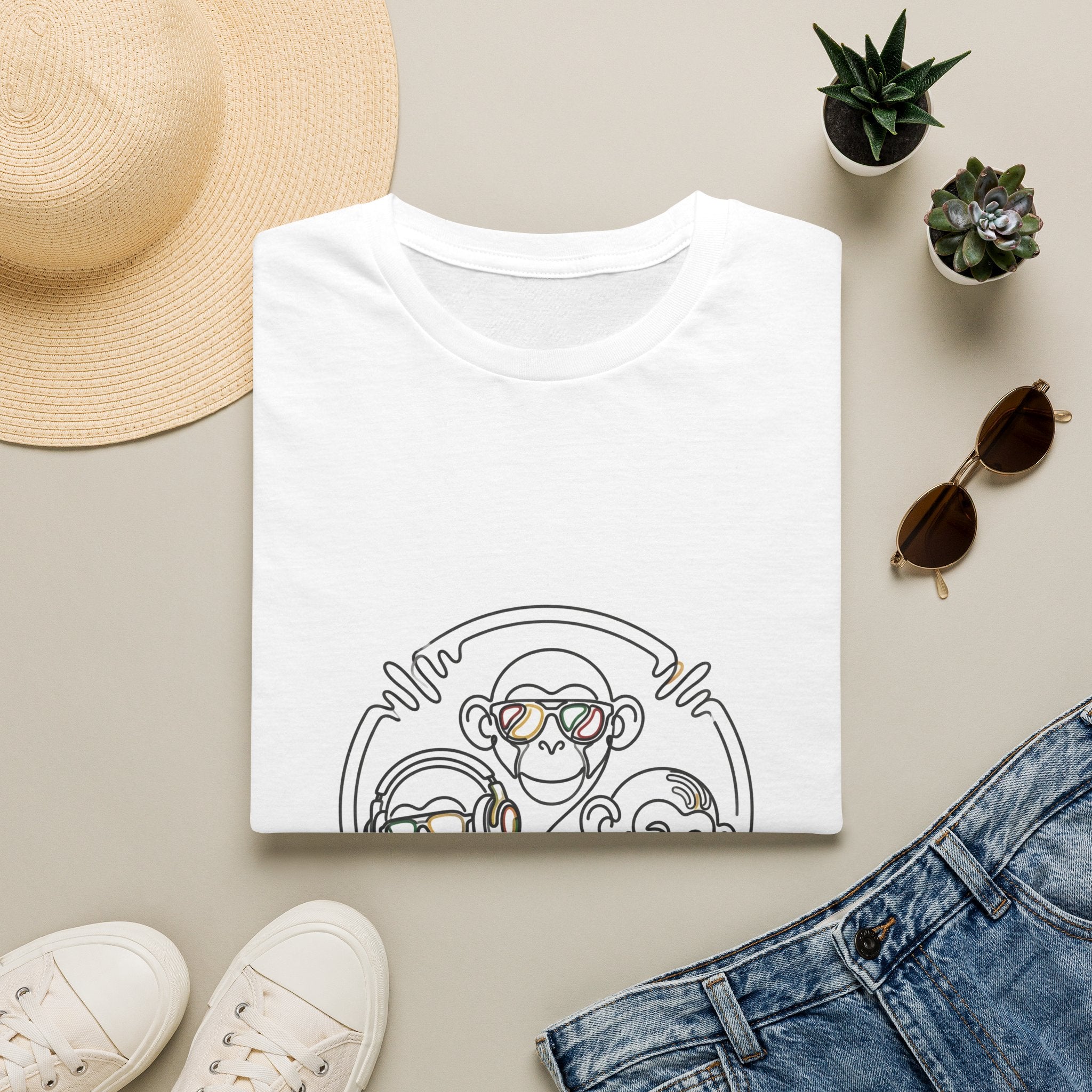 Monkey Trio Graphic Tee — Cool Sunglasses Line Art T-Shirt