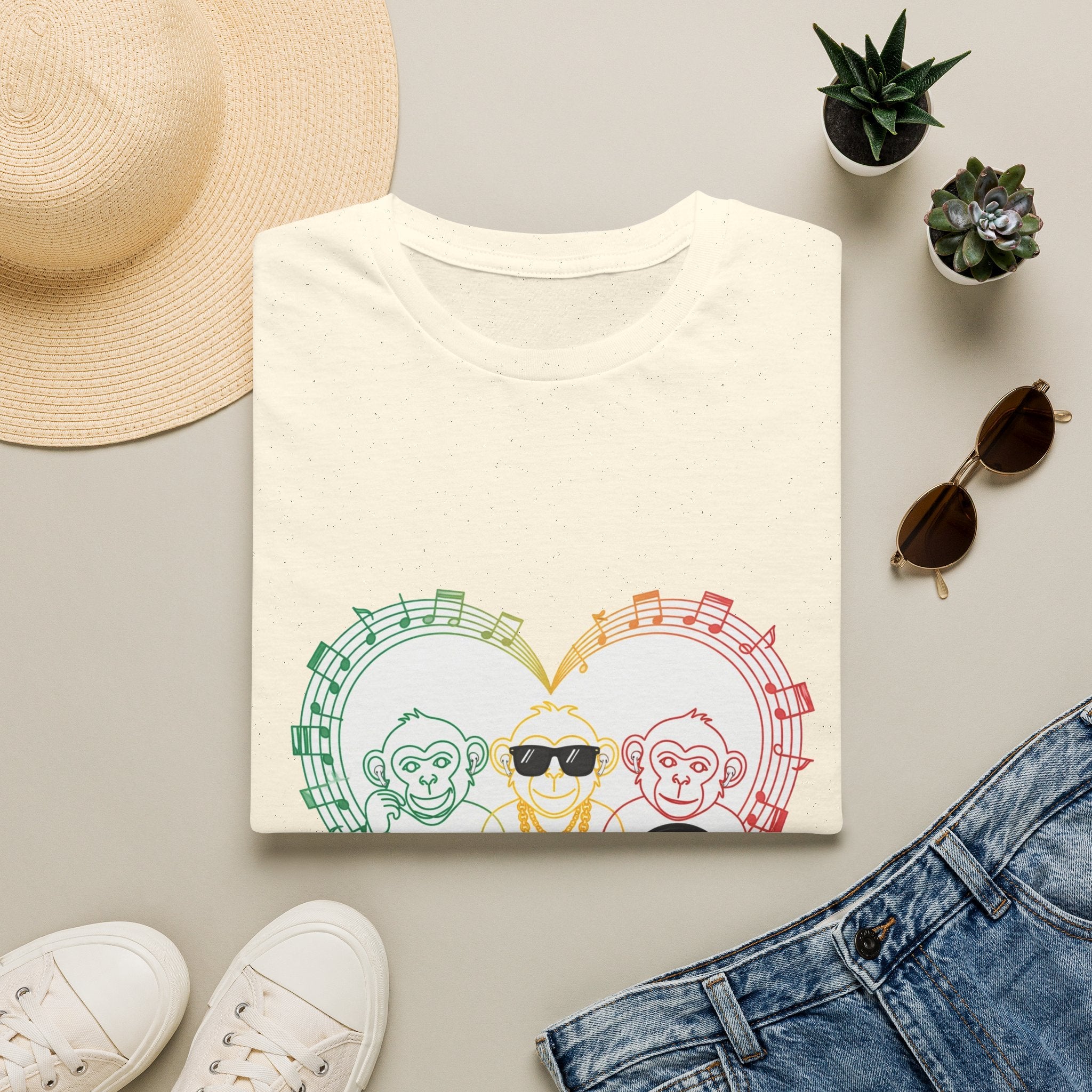 Music Monkey Heart T-Shirt — Cute Rainbow Monkeys with Sunglasses Tee