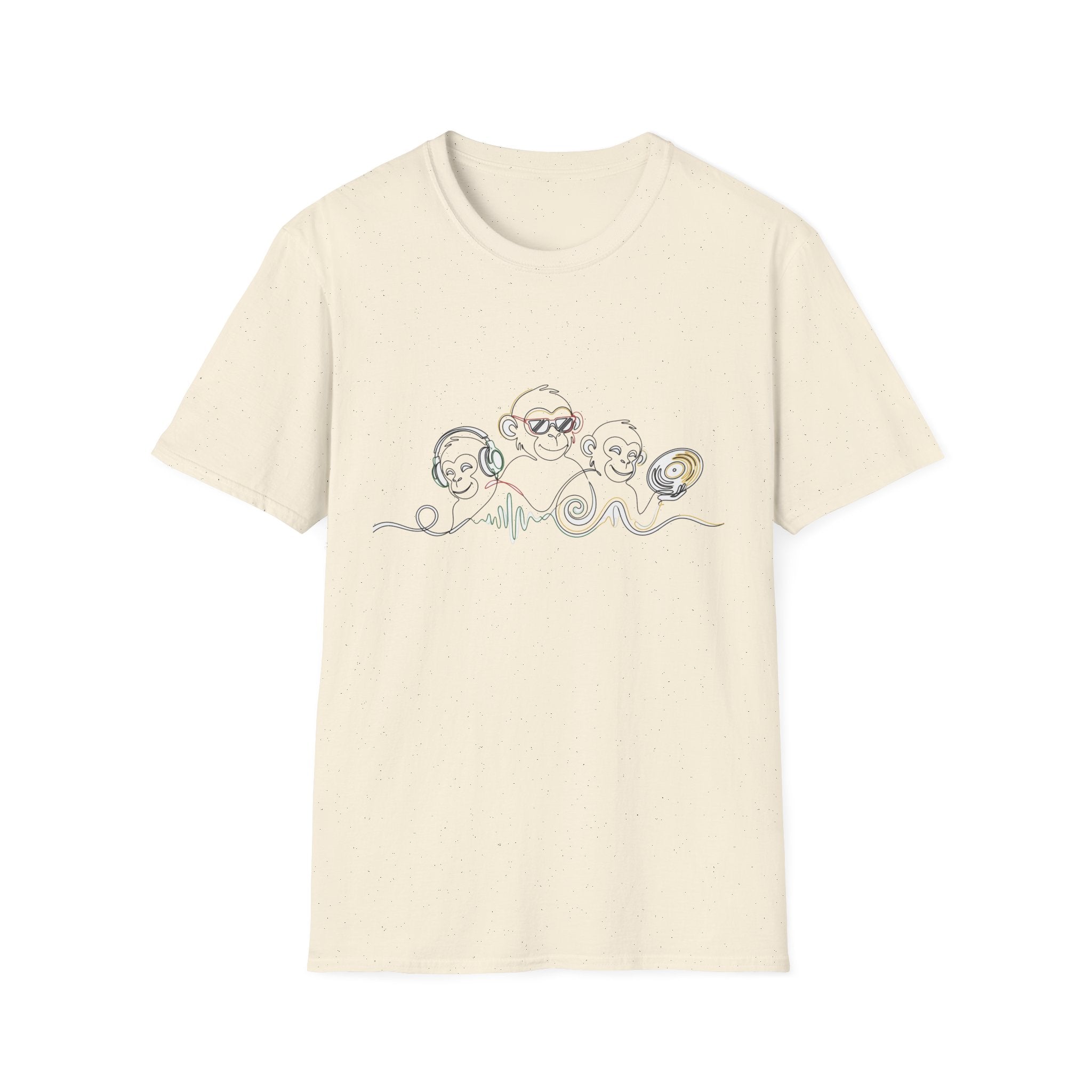 Monkey DJ Crew T‑Shirt — Cute Line Art Monkeys with Headphones & Vinyl