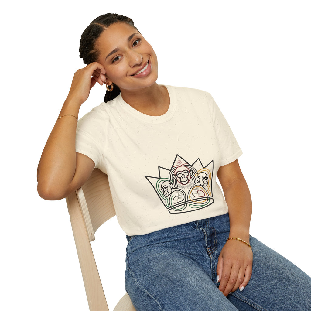 Monkey Crown T-Shirt — Minimal Line Art Three Wise Monkeys Tee