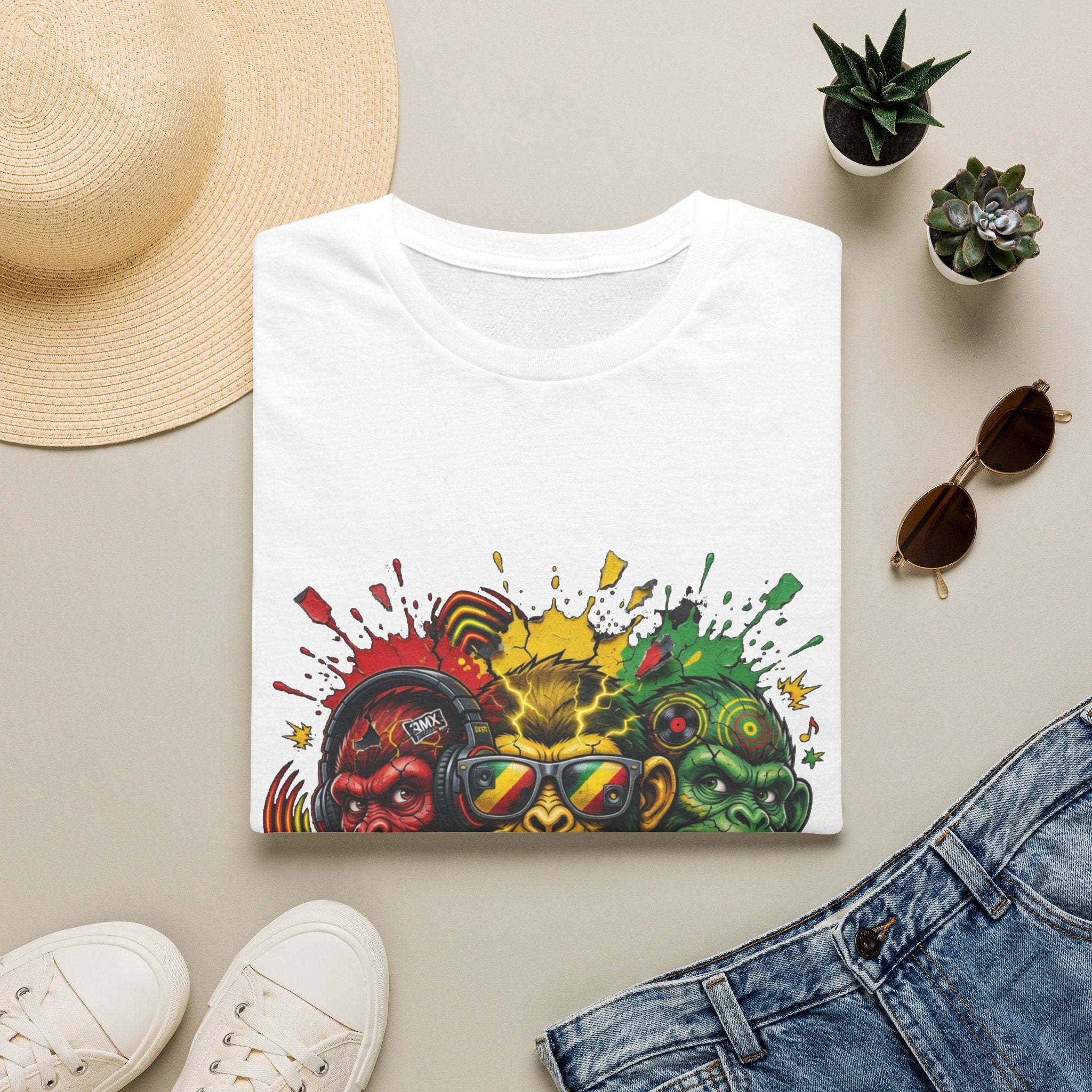 Rasta Three Monkeys Graphic T-Shirt – Colorful Reggae Ape Design