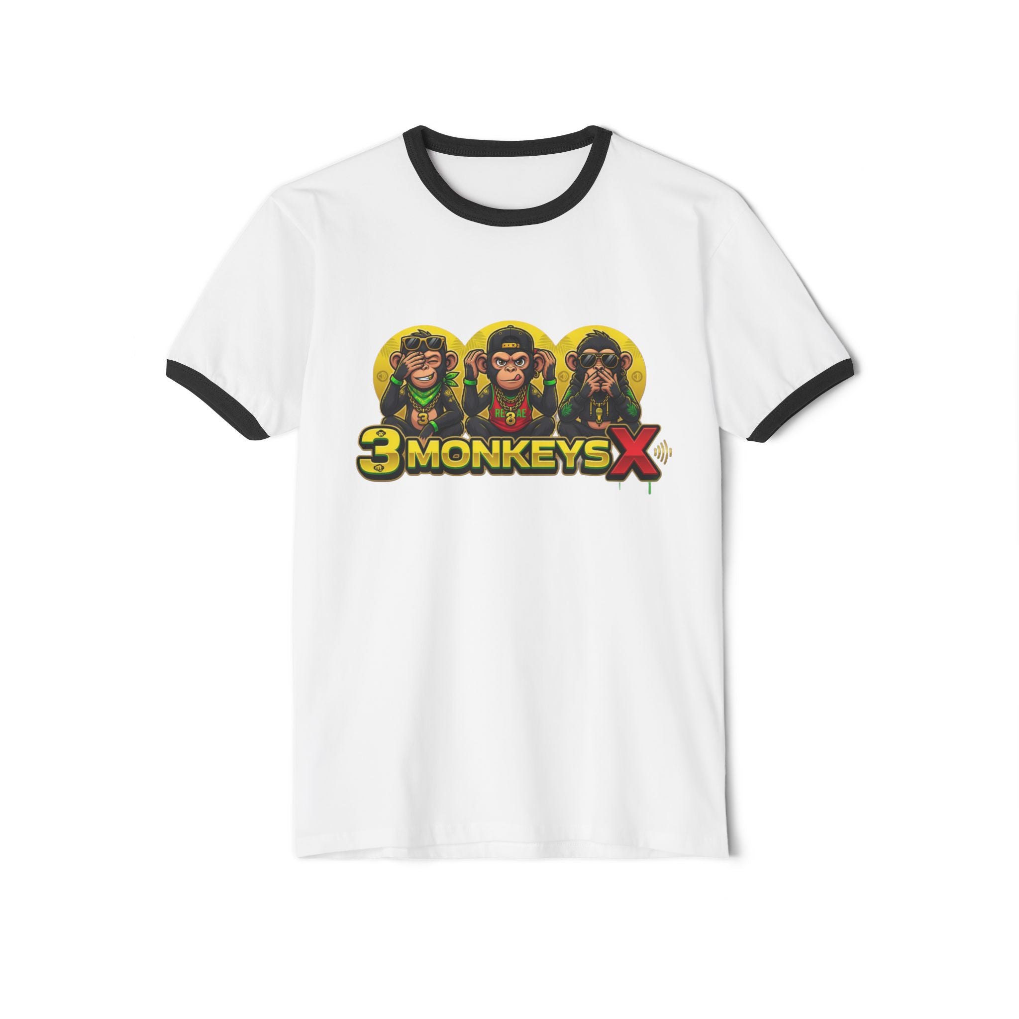 Rasta Monkey Ringer Tee – Reggae Vibes Three Monkeys Graphic T-Shirt