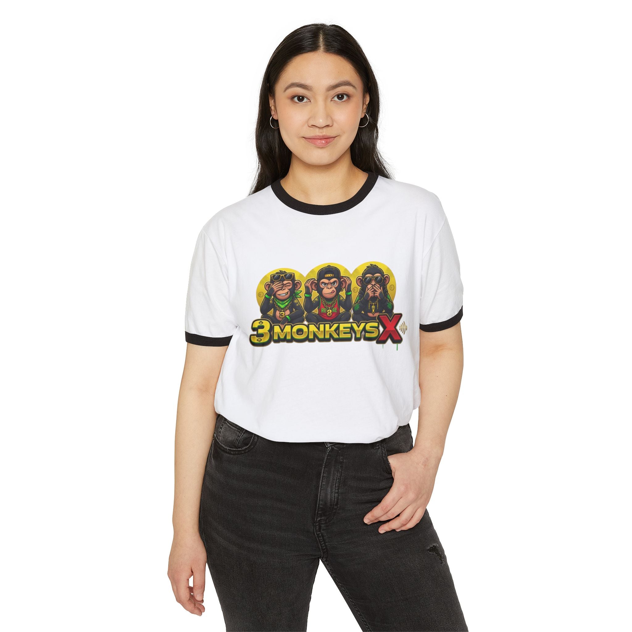 Rasta Monkey Ringer Tee – Reggae Vibes Three Monkeys Graphic T-Shirt