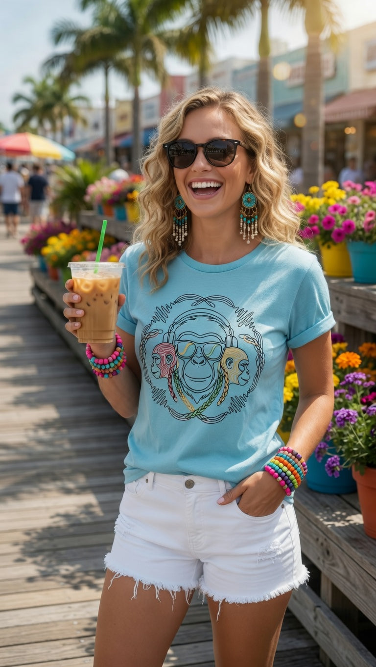 T-Shirt — Colorful Line Art Monkey Crew Tee
