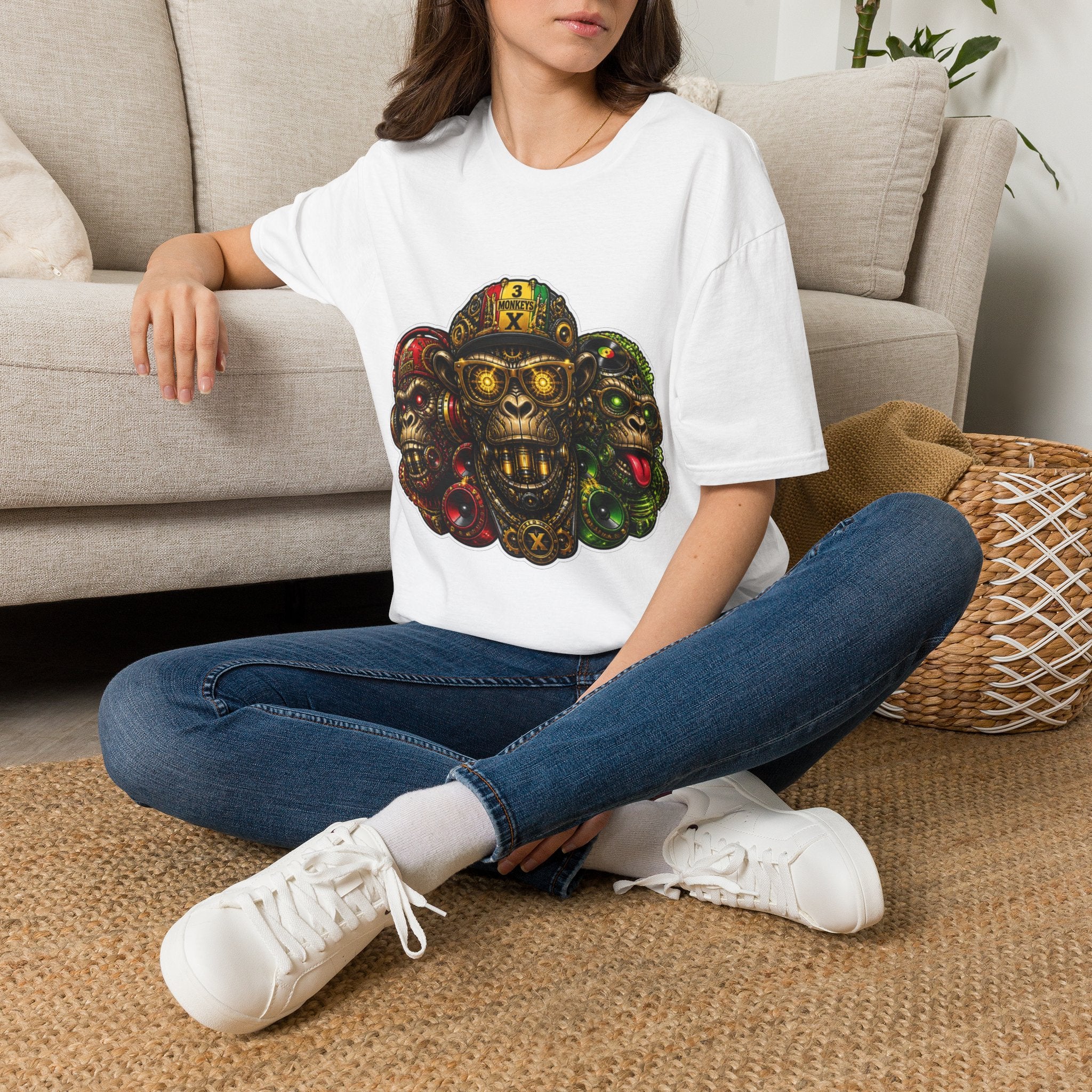 Three-Headed Skull Monkey T-Shirt — Tribal Neon Horror Graphic Tee