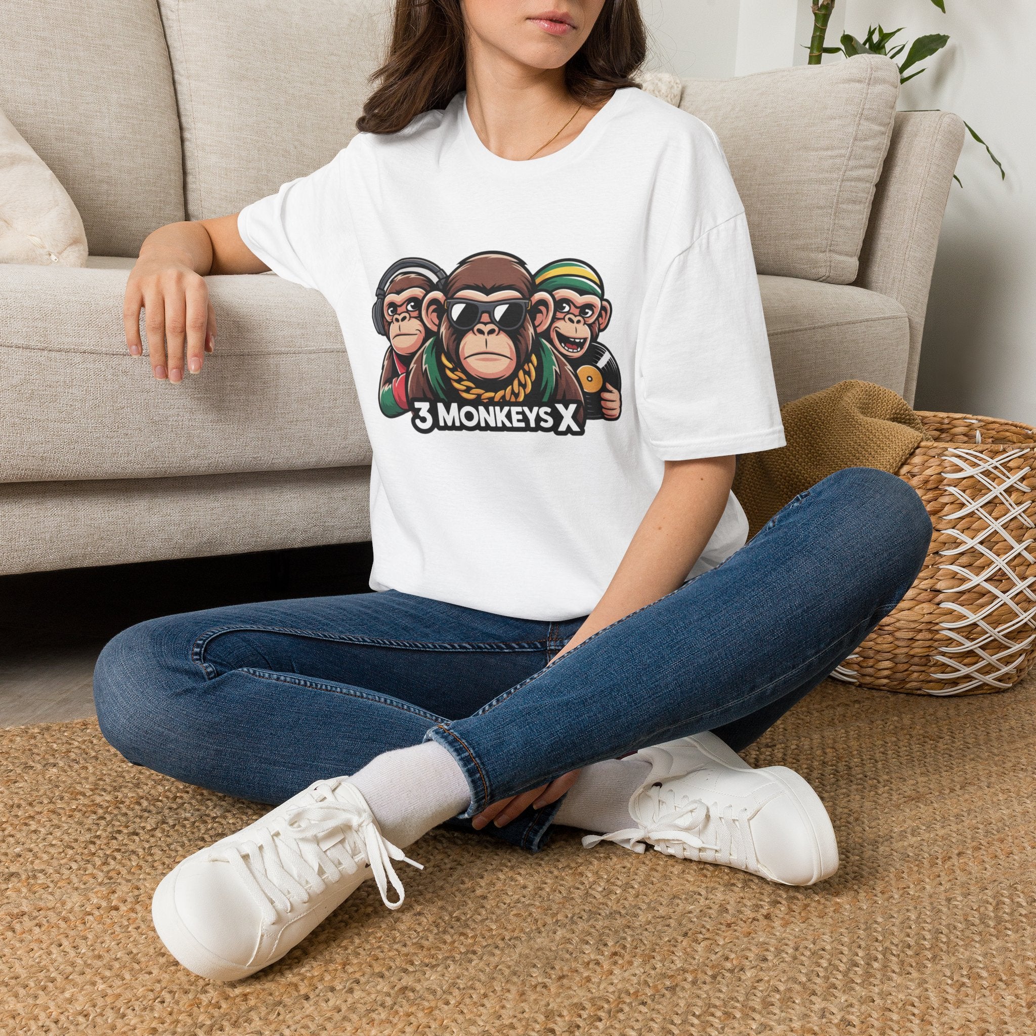 3 Monkeys Graphic T-Shirt — Bold Cartoon Chimp Logo Tee