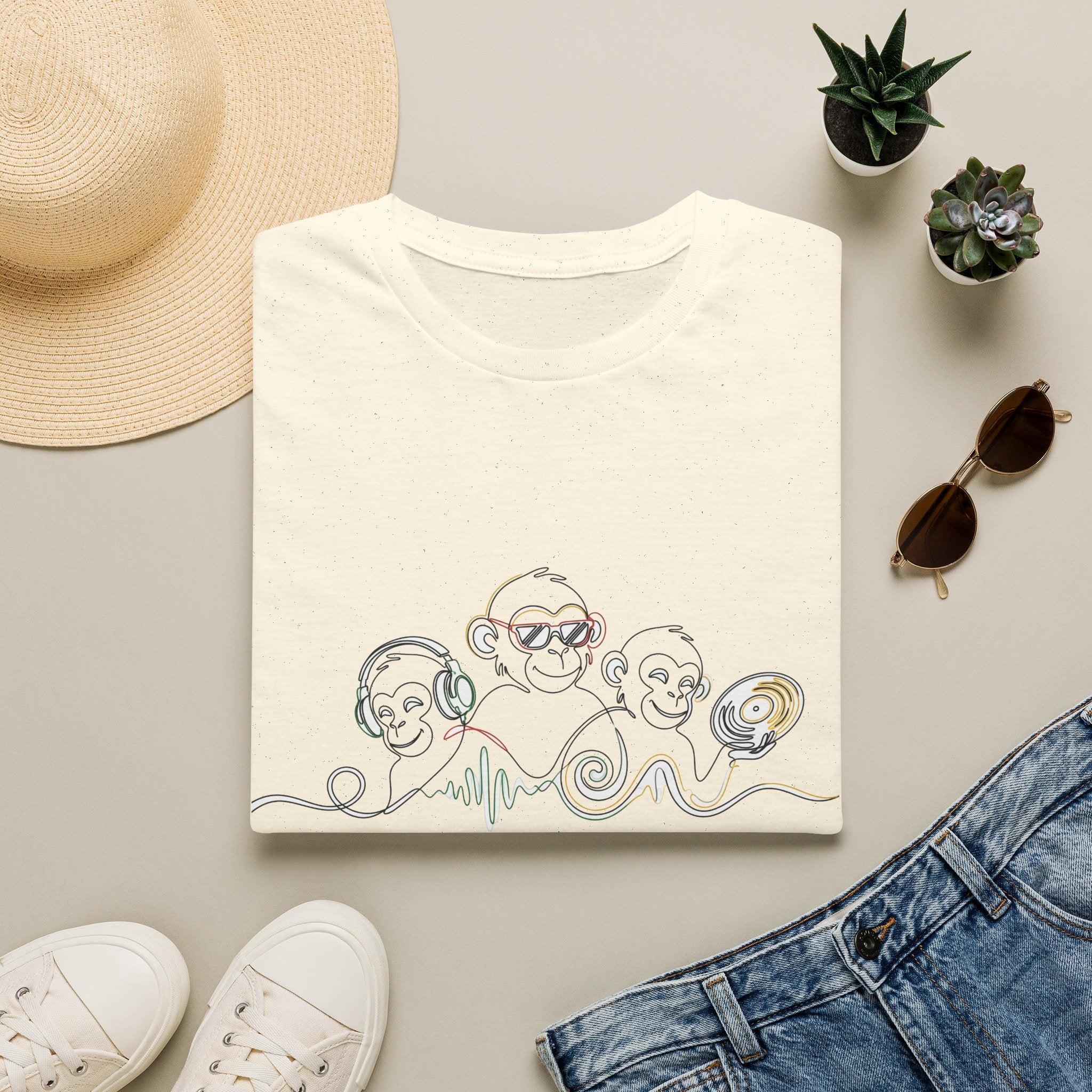 Monkey DJ Crew T‑Shirt — Cute Line Art Monkeys with Headphones & Vinyl
