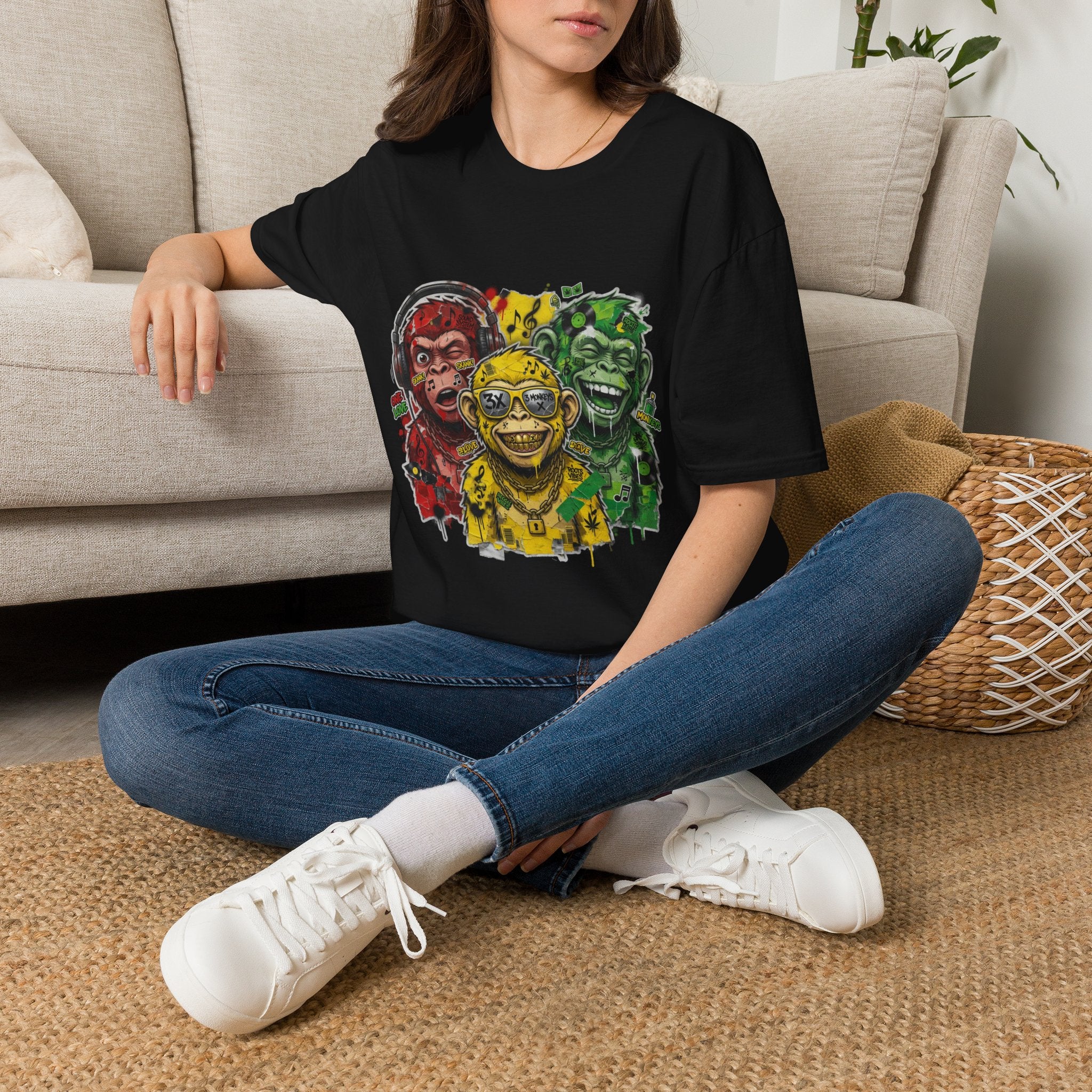 Three Grinning Monkeys Graphic T-Shirt — Colorful Rasta Vibe Tee