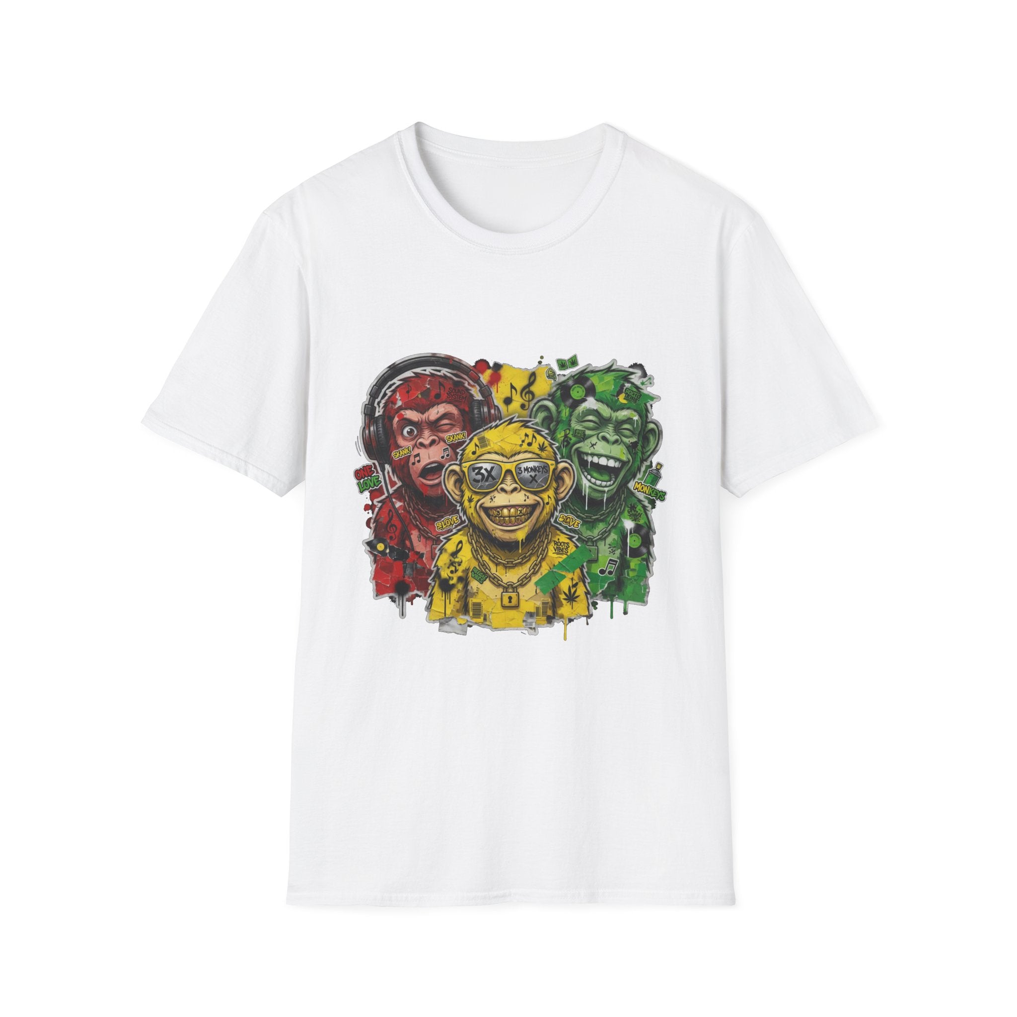 Three Grinning Monkeys Graphic T-Shirt — Colorful Rasta Vibe Tee