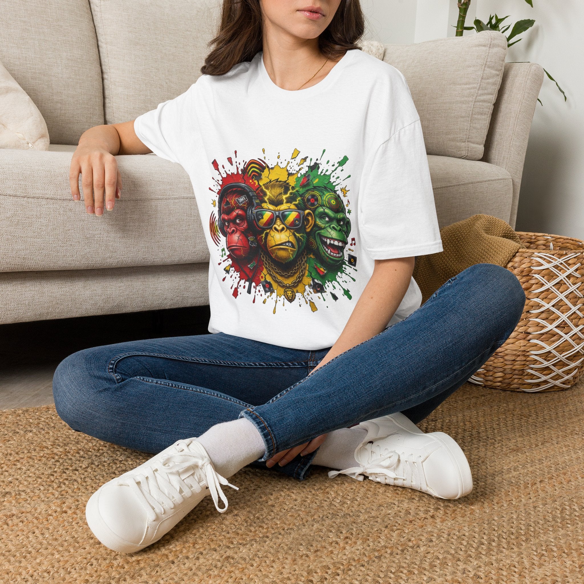 Rasta Three Monkeys Graphic T-Shirt – Colorful Reggae Ape Design