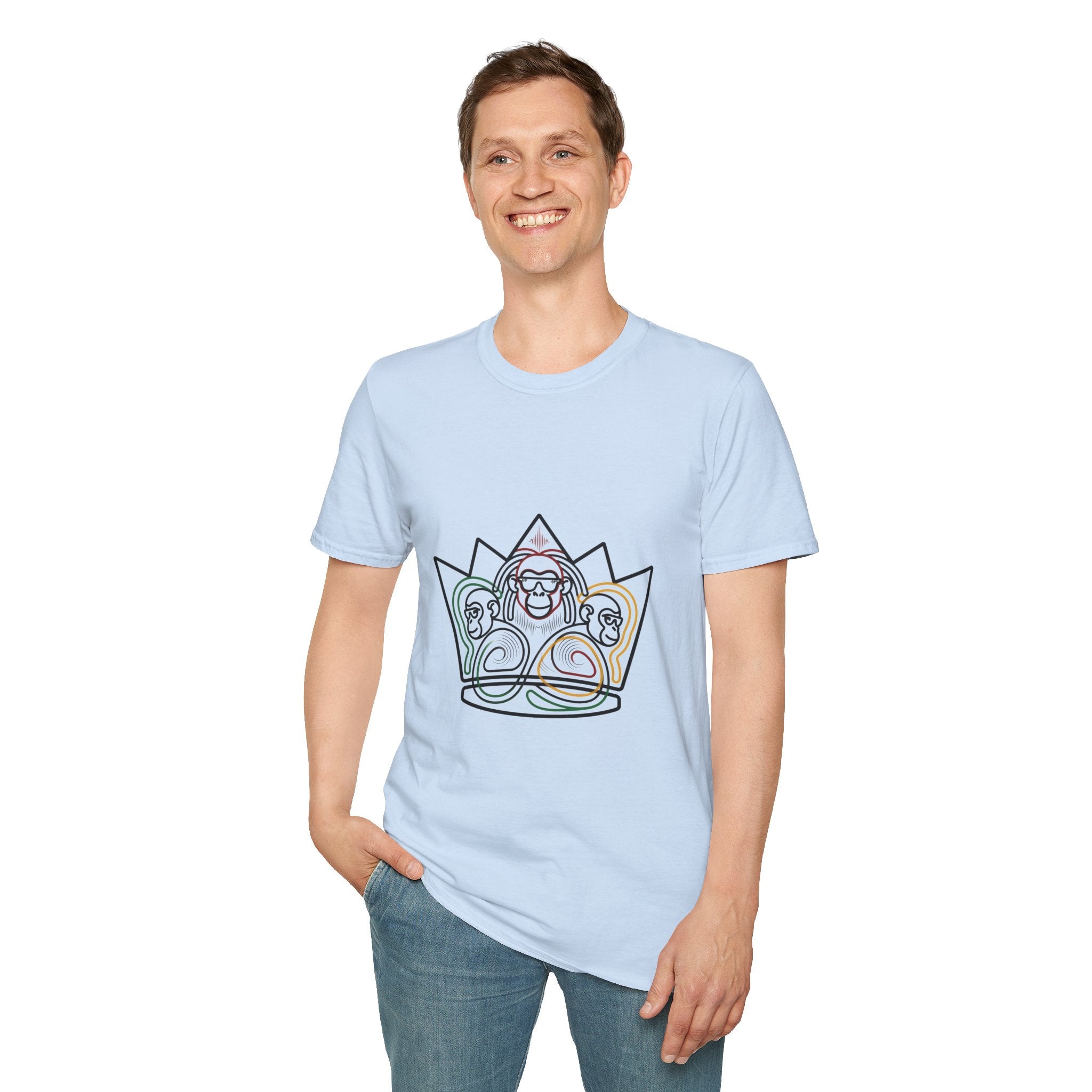 Monkey Crown T-Shirt — Minimal Line Art Three Wise Monkeys Tee