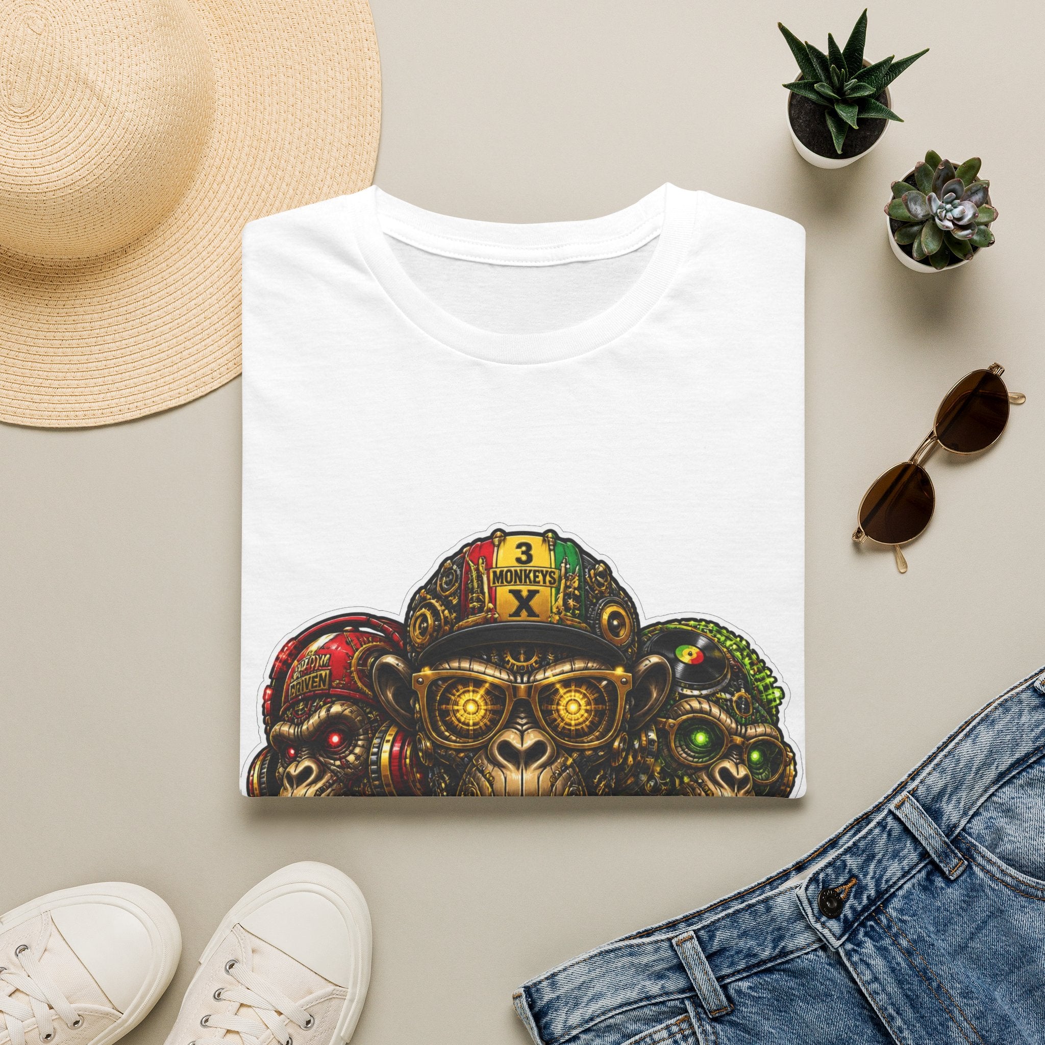 Three-Headed Skull Monkey T-Shirt — Tribal Neon Horror Graphic Tee