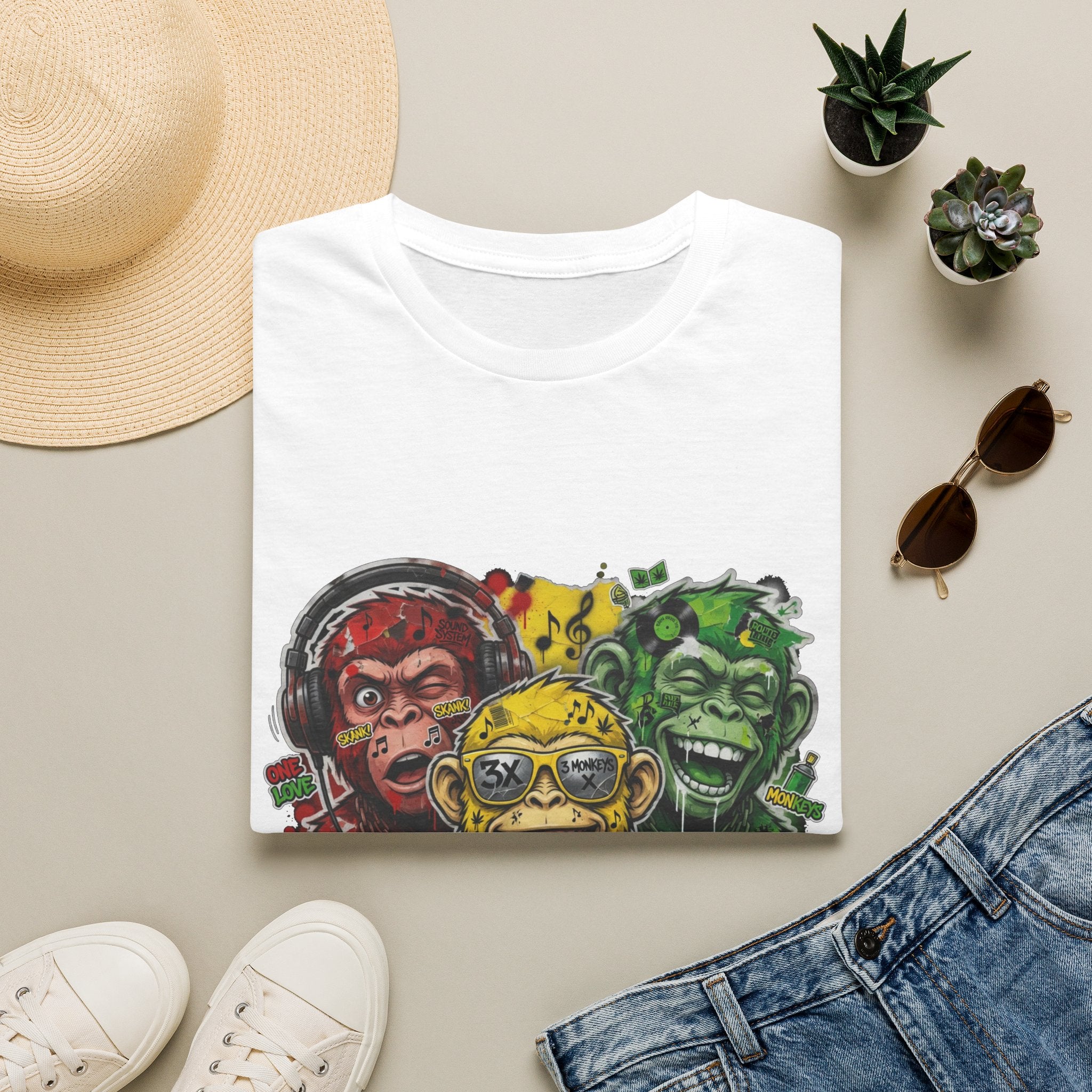Three Grinning Monkeys Graphic T-Shirt — Colorful Rasta Vibe Tee