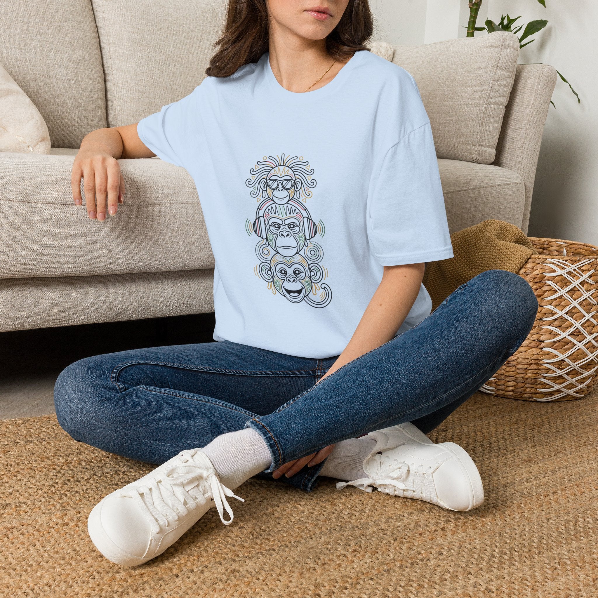 Spiritual Monkey Stack T‑Shirt — Boho Tribal Meditation Graphic Tee