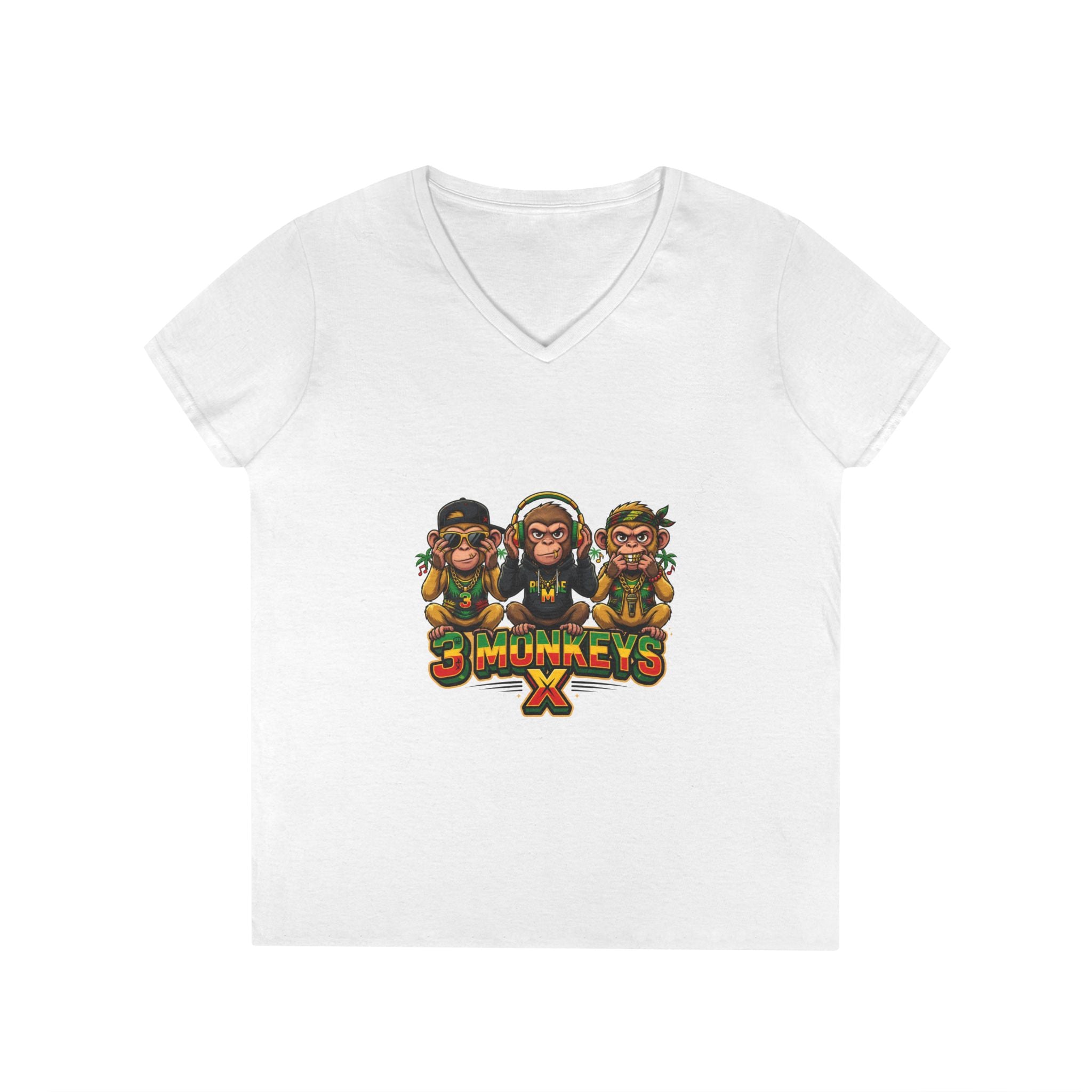 Ladies' V-Neck T-Shirt — 3 Monkeys Rasta Graphic Tee