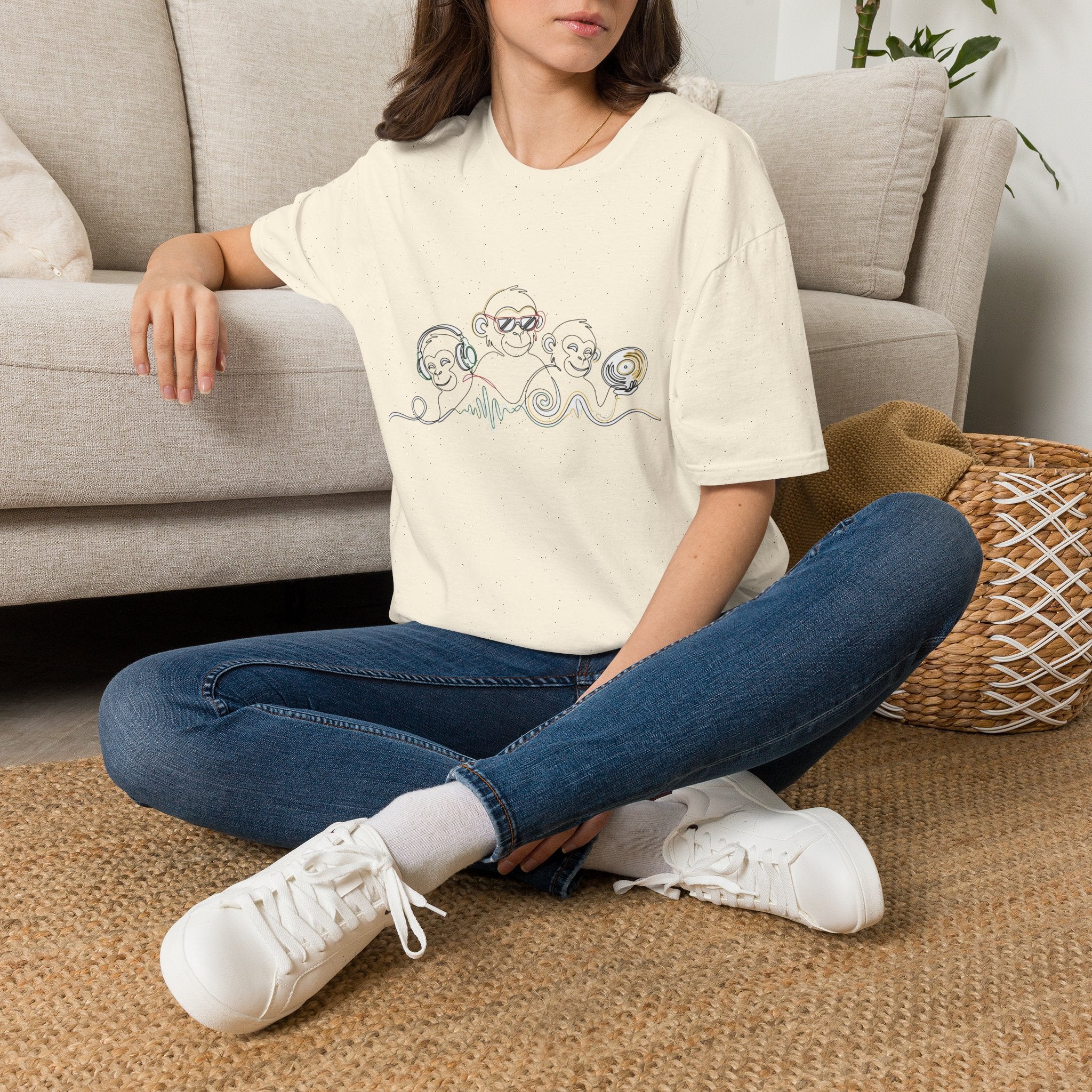 Monkey DJ Crew T‑Shirt — Cute Line Art Monkeys with Headphones & Vinyl