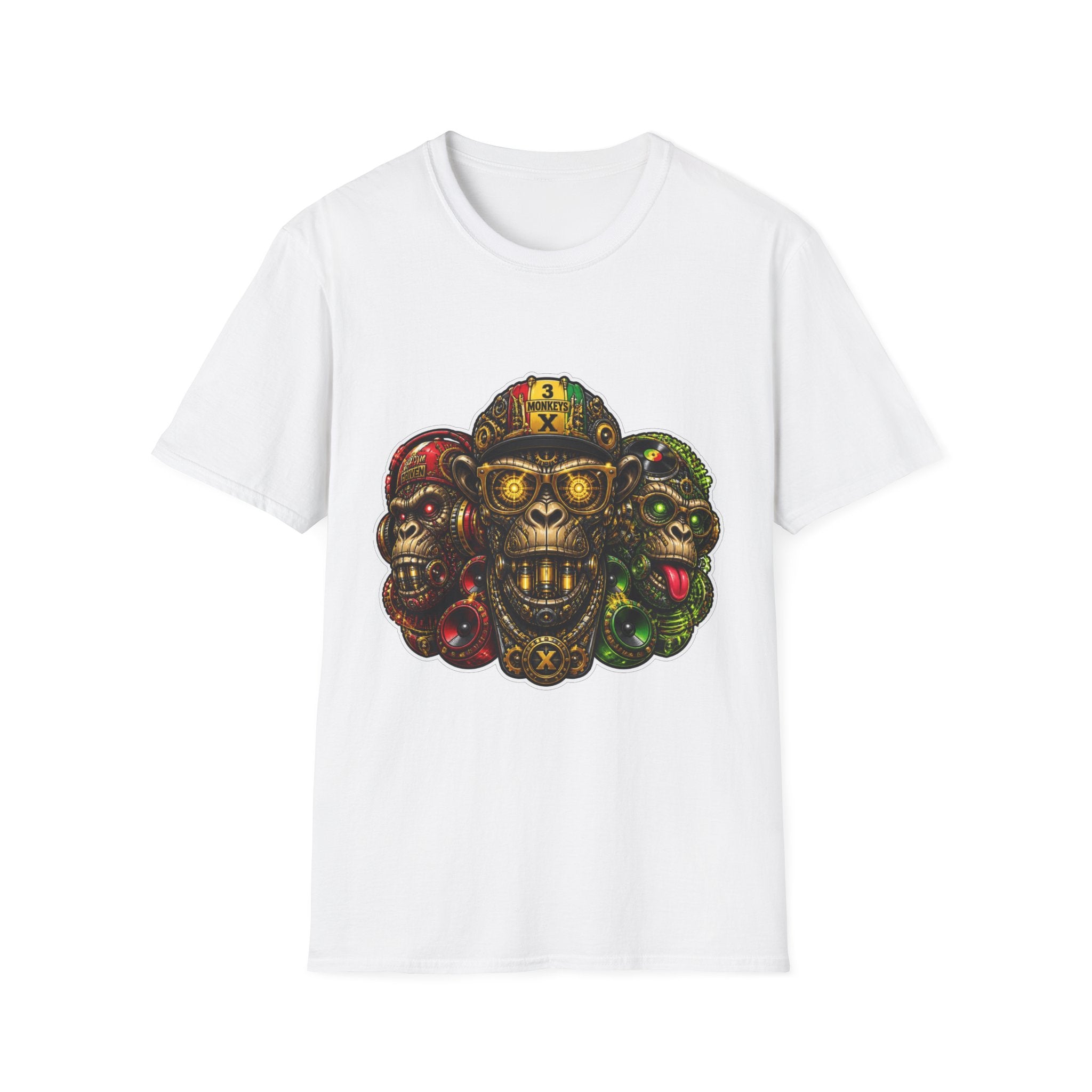 Three-Headed Skull Monkey T-Shirt — Tribal Neon Horror Graphic Tee