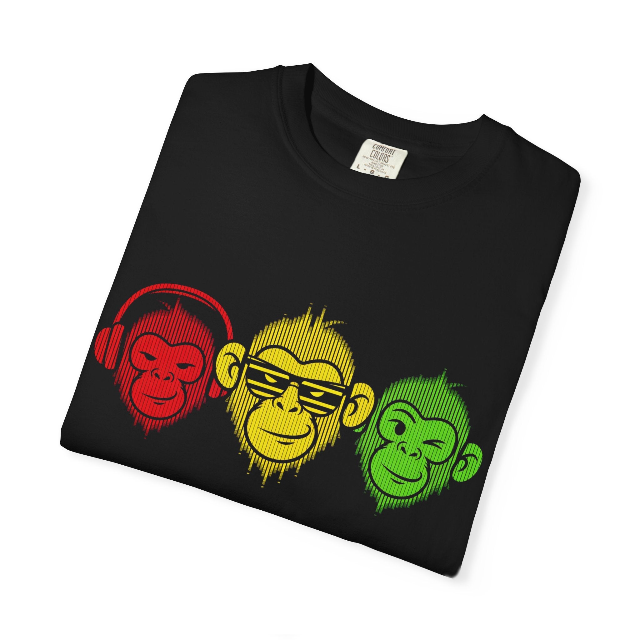 Reggae Three Monkeys T-Shirt — Red Yellow Green Monkey Heads Graphic Tee