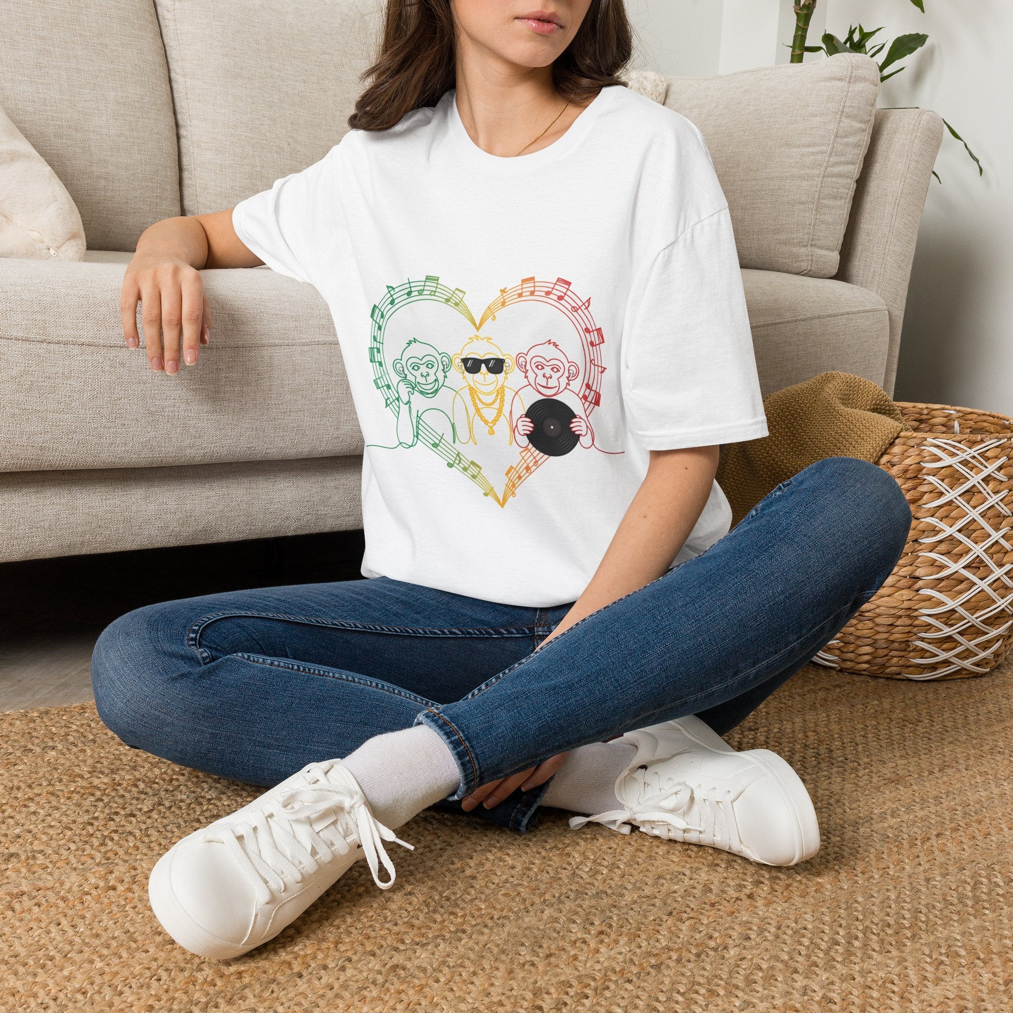 Music Monkey Heart T-Shirt — Cute Rainbow Monkeys with Sunglasses Tee