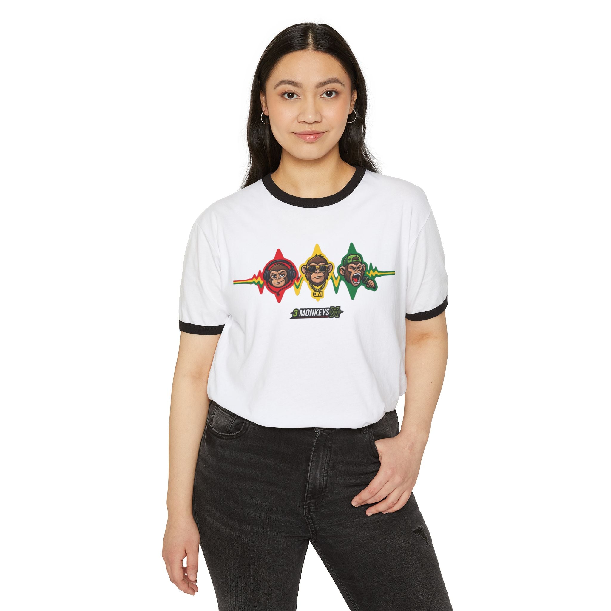 Rasta Monkey Ringer Tee – Reggae Vibes Three Monkeys Graphic T-Shirt