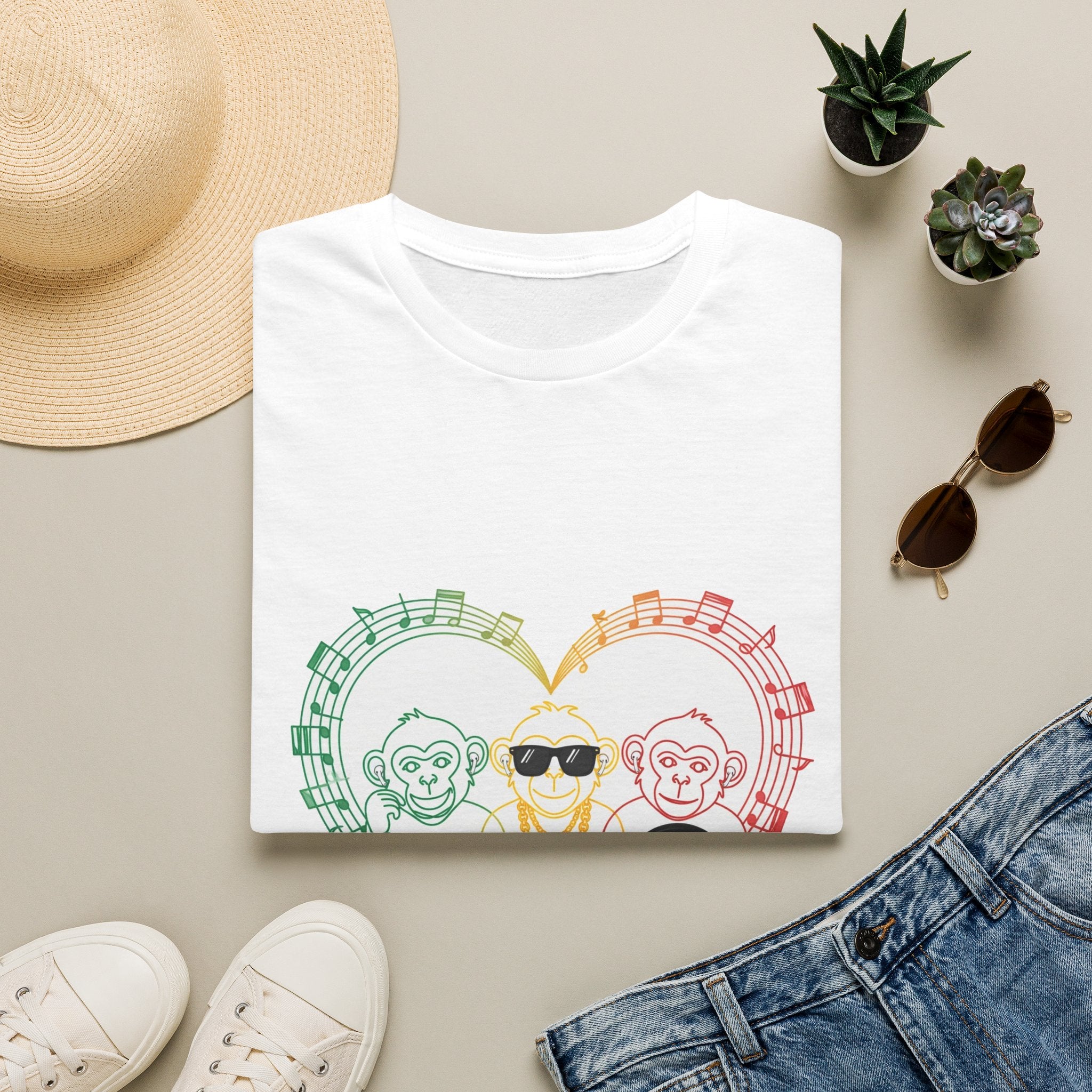 Music Monkey Heart T-Shirt — Cute Rainbow Monkeys with Sunglasses Tee