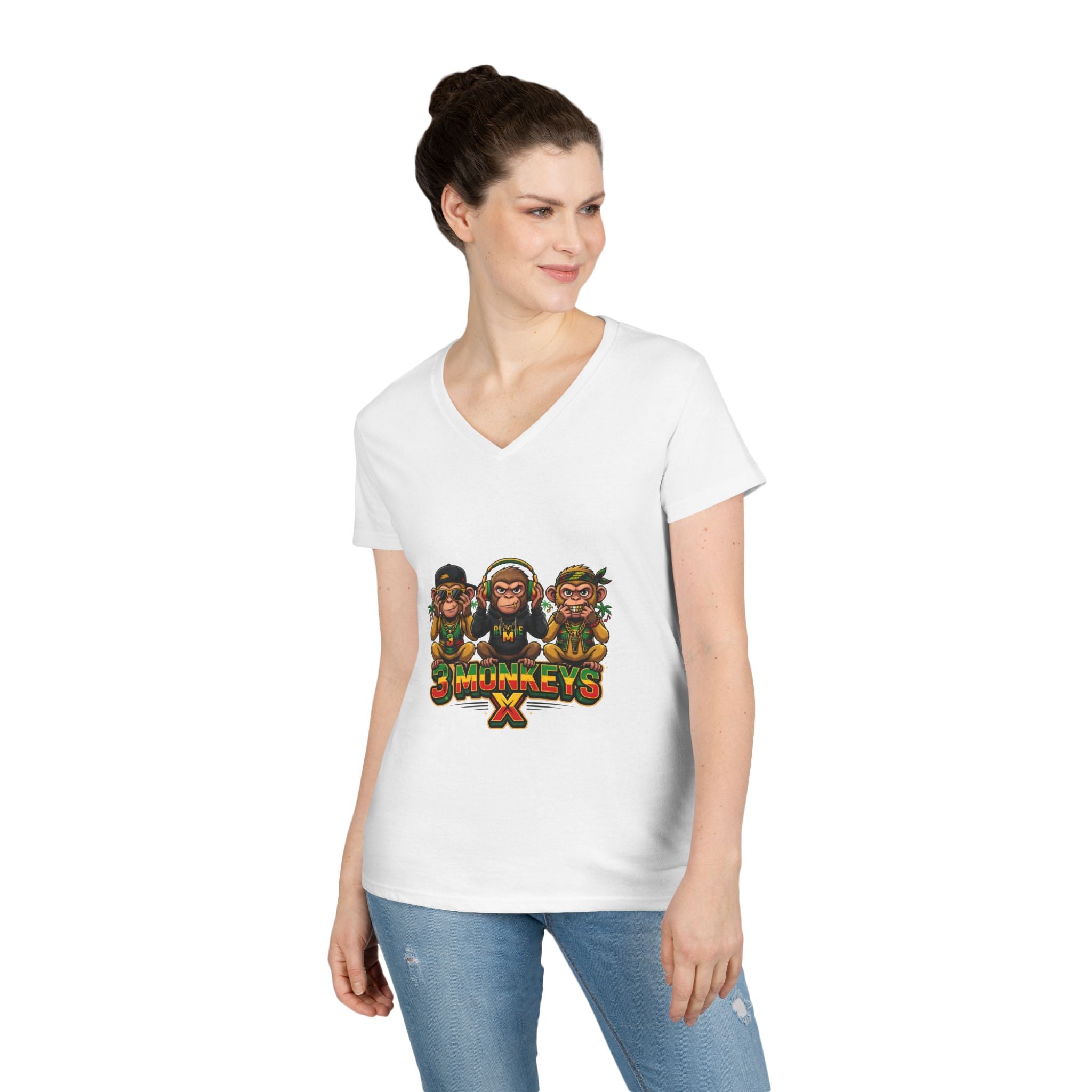Ladies' V-Neck T-Shirt — 3 Monkeys Rasta Graphic Tee