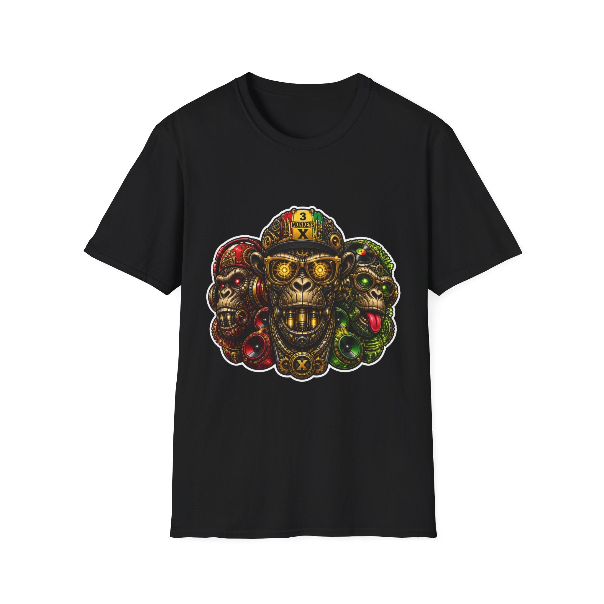 Three-Headed Skull Monkey T-Shirt — Tribal Neon Horror Graphic Tee