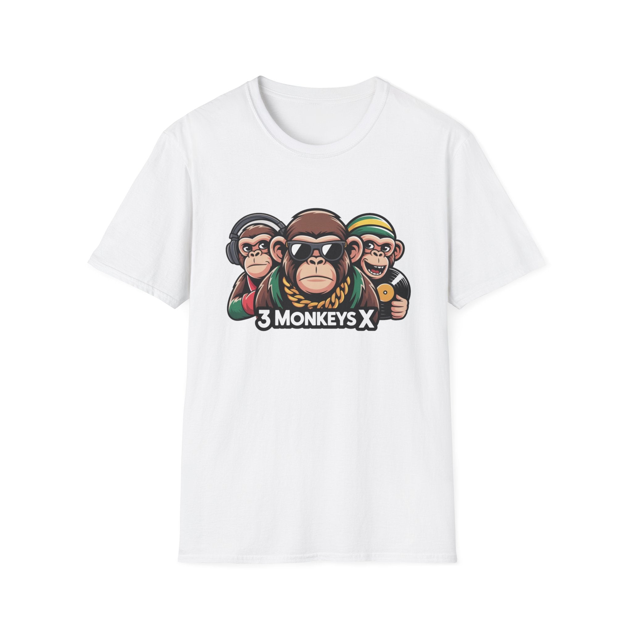 3 Monkeys Graphic T-Shirt — Bold Cartoon Chimp Logo Tee