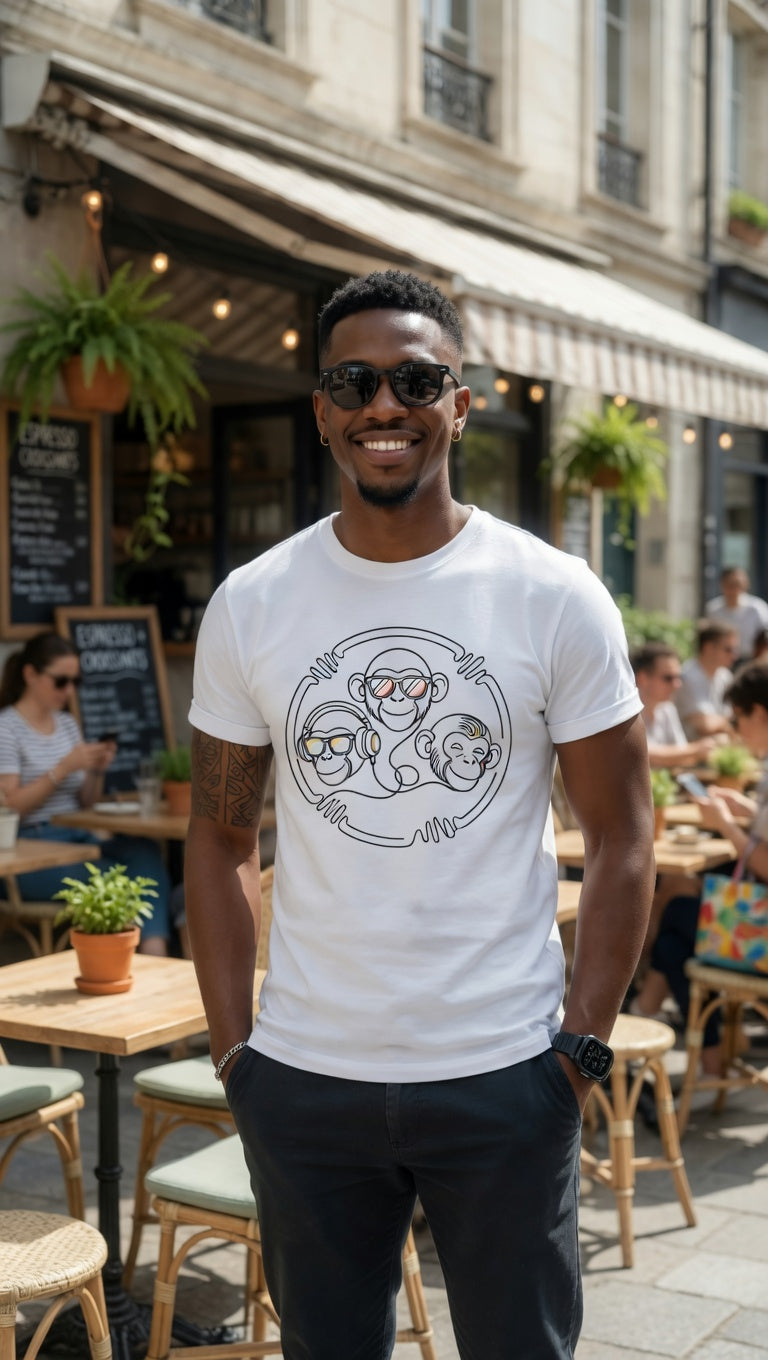 Monkey Trio Graphic Tee — Cool Sunglasses Line Art T-Shirt